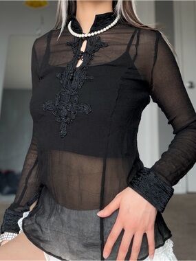 Laundry By Shelli Segal Sheer Black Embroidered Mandarin Collar Top